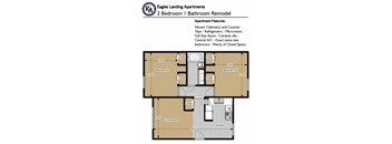 2 Bedroom 1 Bath Renovated 730 Sq. Ft Floor Plan at Eagles Landing Apartments, Integrity Realty, Ohio, 44240